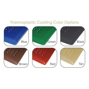 Close-up views of perforated steel picnic table corners with thermoplastic coatings in blue, green, black, brown, red, and tan colors.