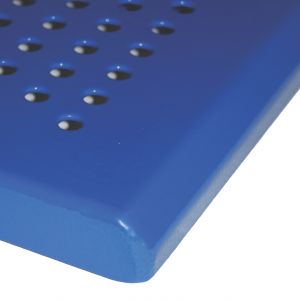 Close-up of blue perforated steel picnic table corner with beveled edges and durable thermoplastic coating