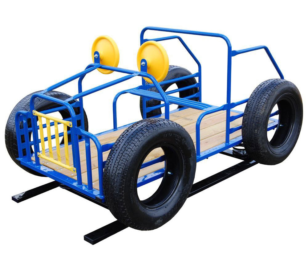 Jeep Spring Rider playground equipment with blue metal frame, black tires, yellow steering wheel, and wooden floorboard.