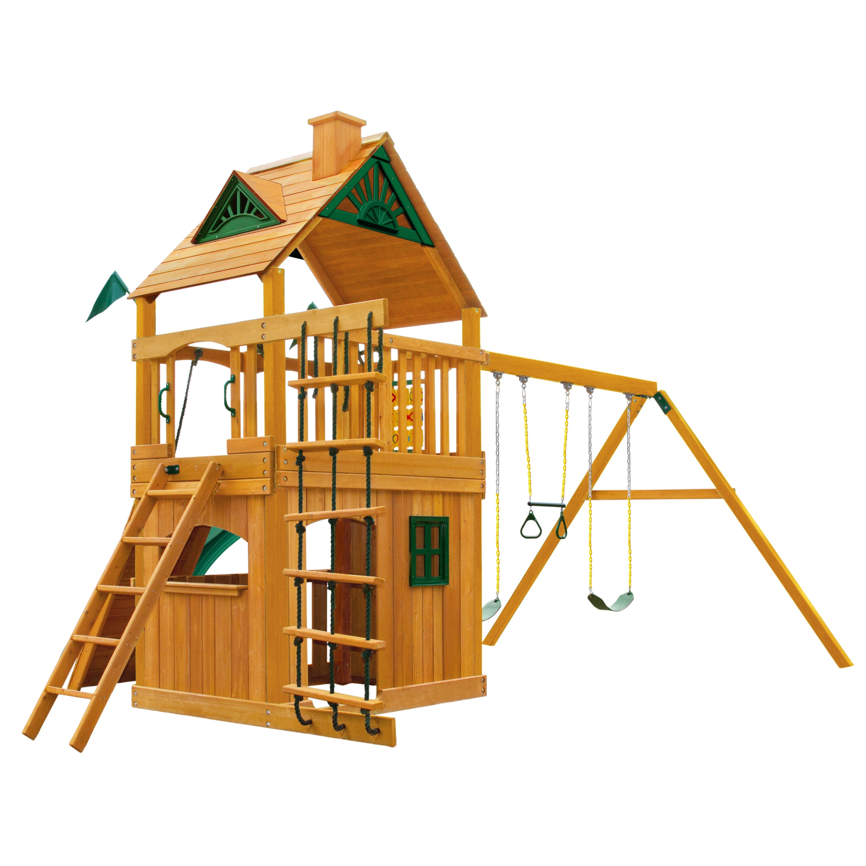Wooden playset with standard wood roof, climbing ladder, rope ladder, two belt swings, trapeze bar, and green window accents