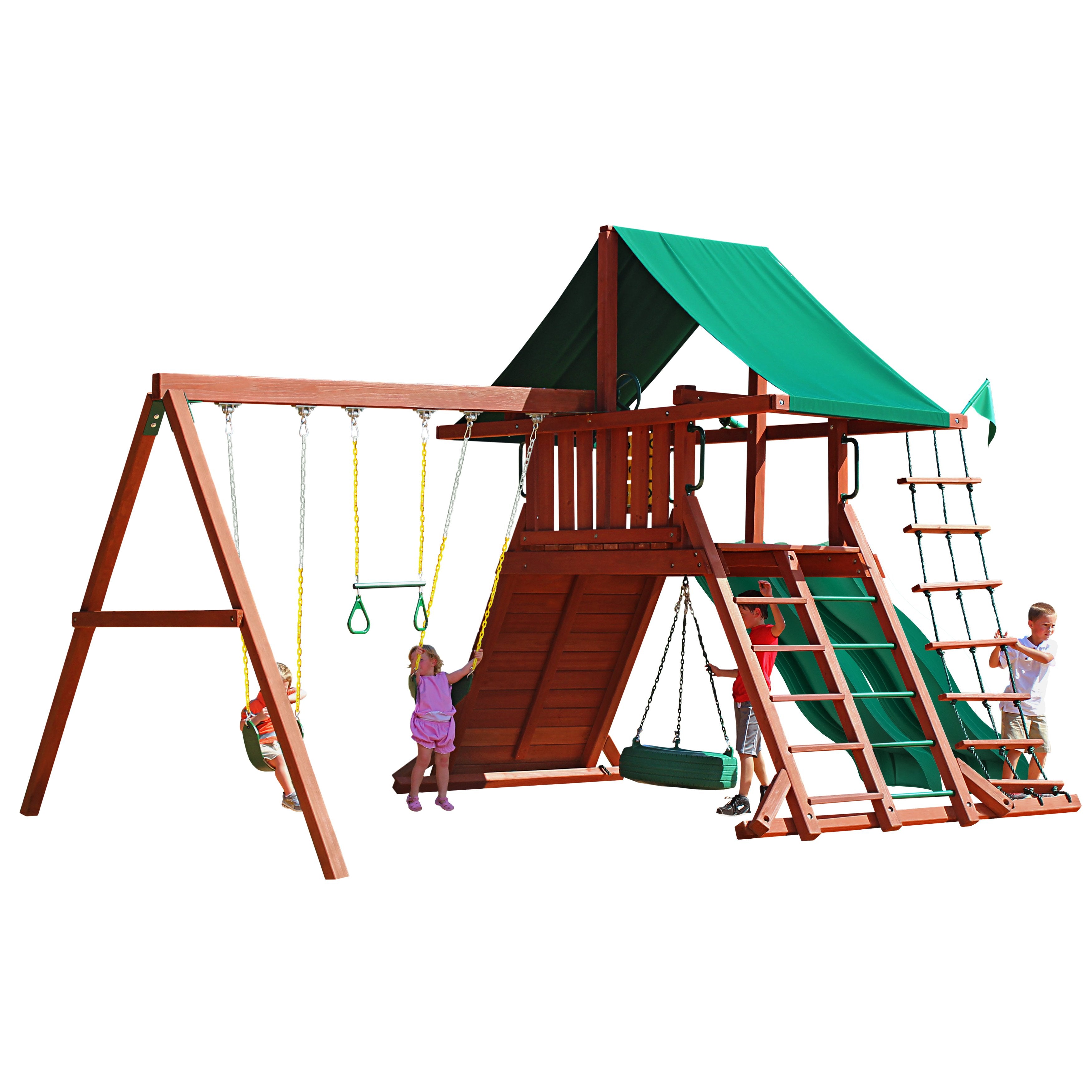 Sun Climber I Wooden Swing Set with green Sunbrella canopy, redwood finish, swings, slide, climbing ladder, and tire swing