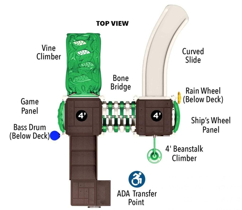 Overhead view of compact playground with curved slide, vine and beanstalk climbers, bone bridge, and interactive panels