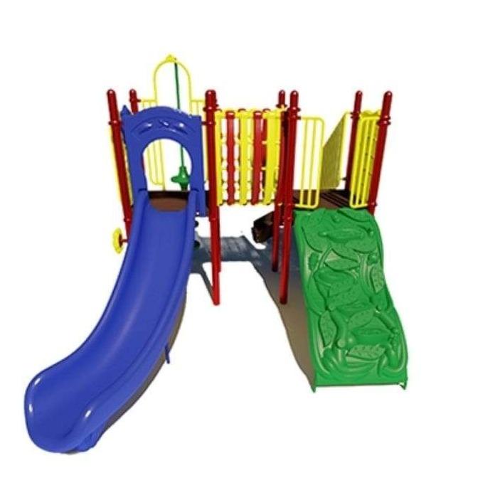 Compact playground structure with blue slide, green climbing wall, red and yellow steel frame, and interactive play panels.