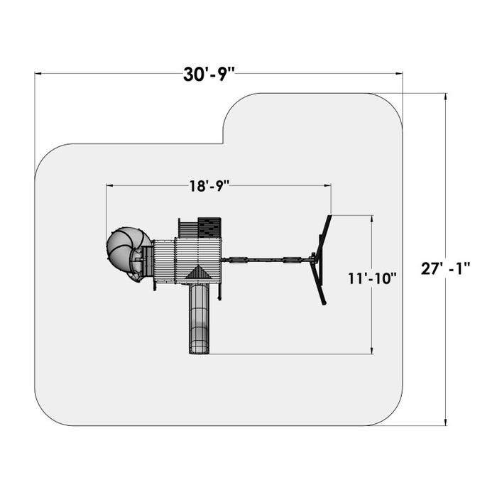 Overhead view of wooden playset with two slides, climbing wall, swings, clubhouse with lookout tower, and play kitchen