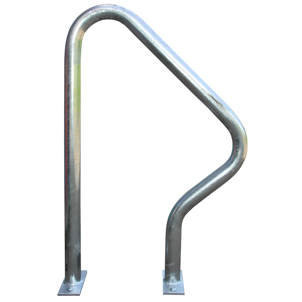 Galvanized steel bike rack with curved pipe design and dual mounting plates for secure two-bike parking