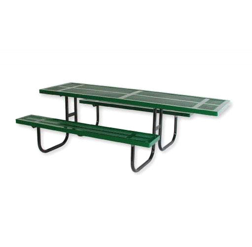 Wheelchair Accessible Rectangular Picnic Table in green with perforated steel top, overhang for wheelchair access, and pipe frame