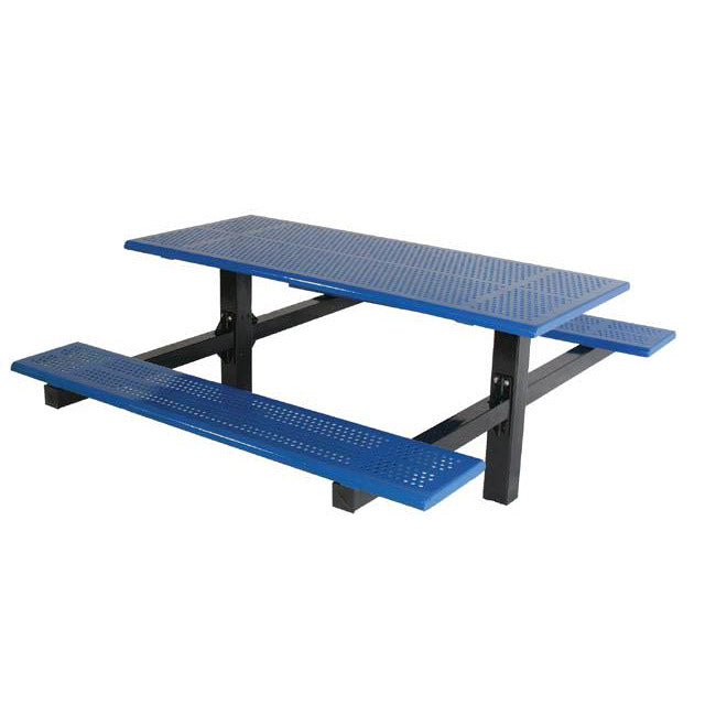 Double Cantilever Picnic Table with blue perforated steel top and benches, black cantilever frame, outdoor seating for parks and community spaces
