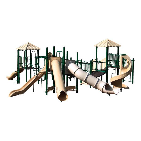 Large beige and green modular playground with multiple slides, climbing structures, bridges, and shaded platforms.