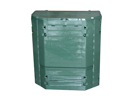 Green insulated compost bin with two large hinged access panels and ventilation slots, designed for efficient heat retention and easy compost removal