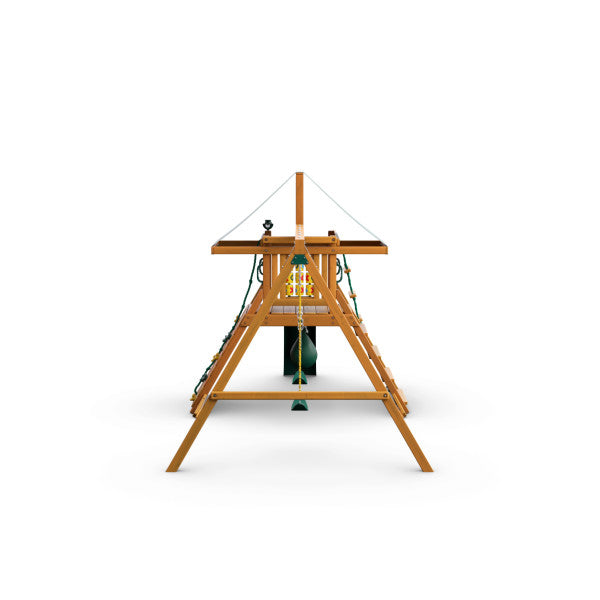 Amber-stained cedar wooden swing set with green canopy, belt swings, rock wall, climbing rope, and tic-tac-toe panel