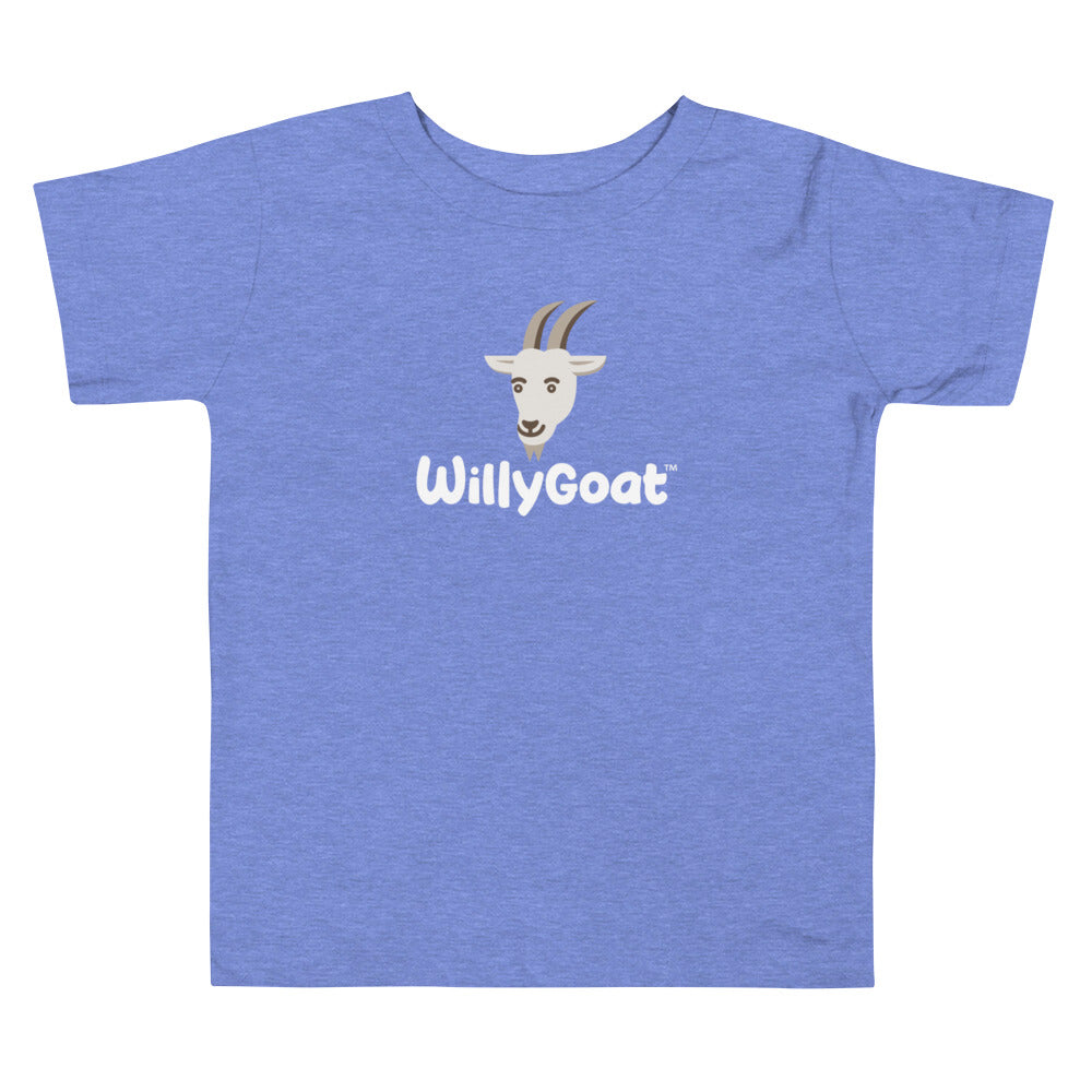 Heather Columbia blue toddler tee with relaxed fit, featuring a cartoon goat head and brand name on front.