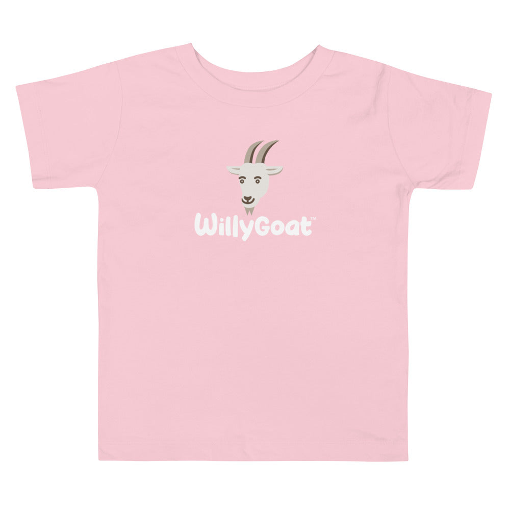 Pink toddler cotton tee with relaxed fit, featuring a centered cartoon goat head and white text logo on front