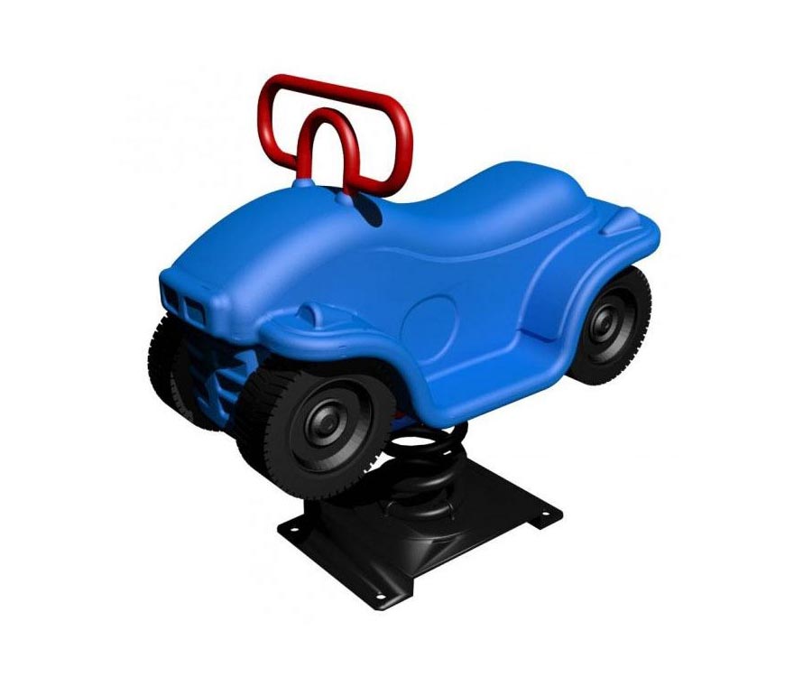 Tommy Truck Fun Bouncer blue spring rider with red handle, black spinning wheels, playground balance toy for children