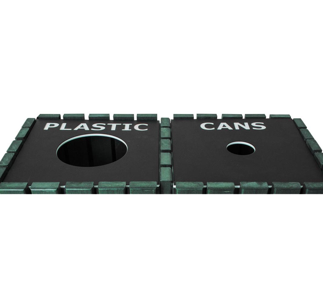 Recycling Lid for Square Trash Receptacle with black lids labeled for plastic and cans, green trim, overhead view