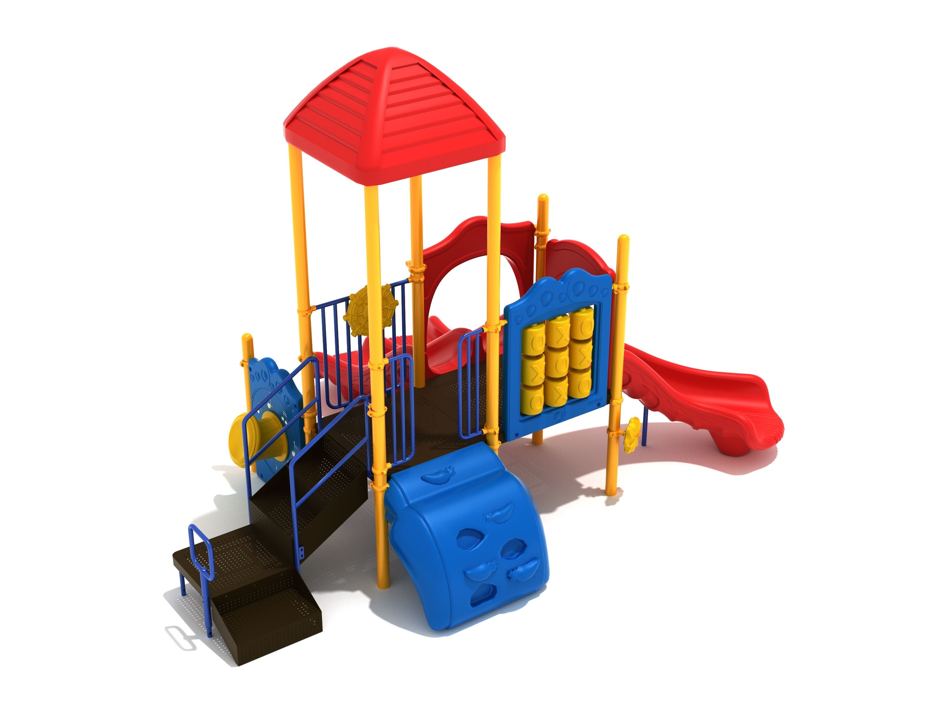 Towson Playground with red pyramid roof, blue climber, yellow tic-tac-toe panel, stairs, red curved slide, and ship's wheel