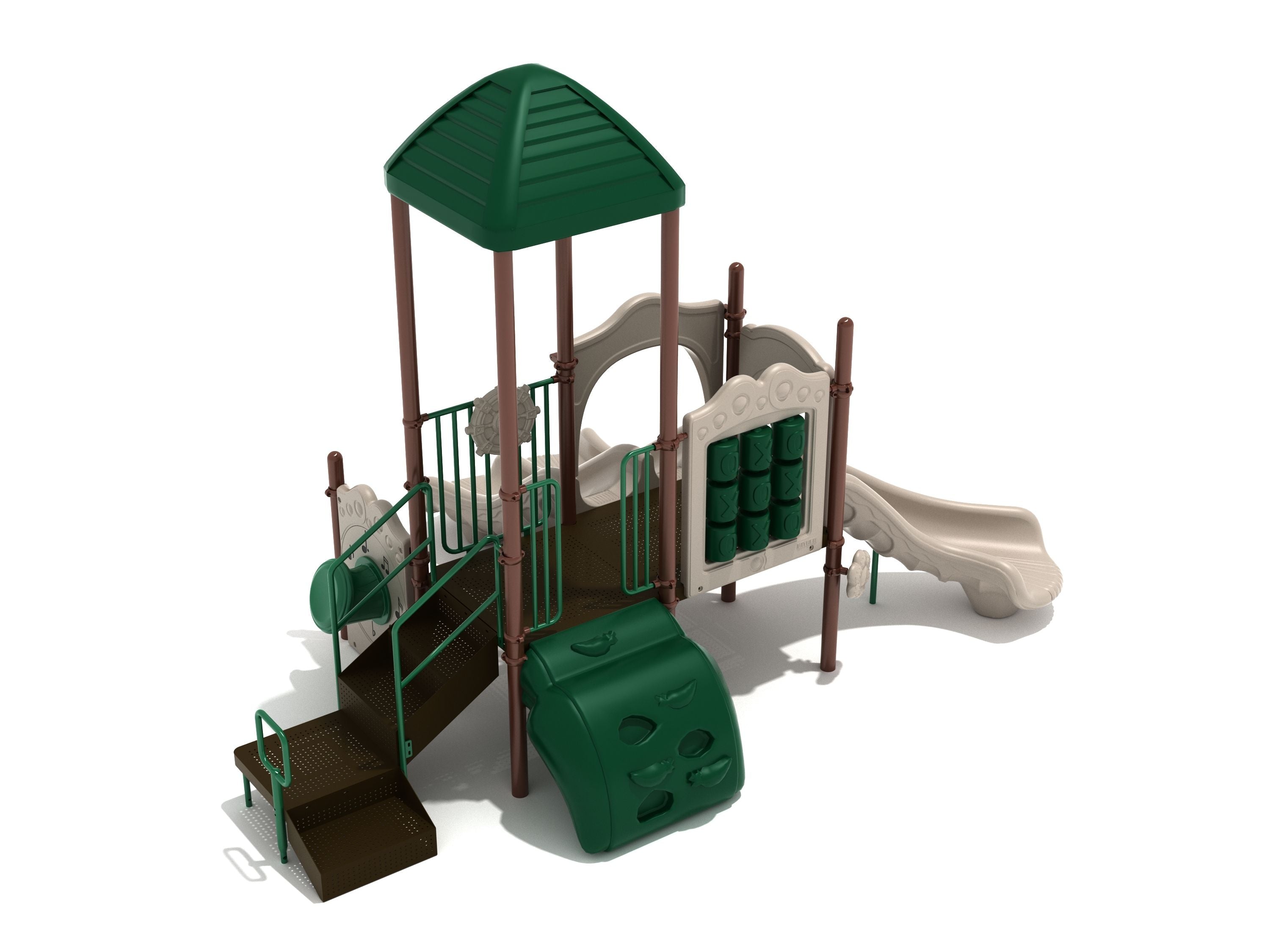 Kids' playground structure with green pyramid roof, stairs, climbing wall, tic-tac-toe panel, and double beige slides