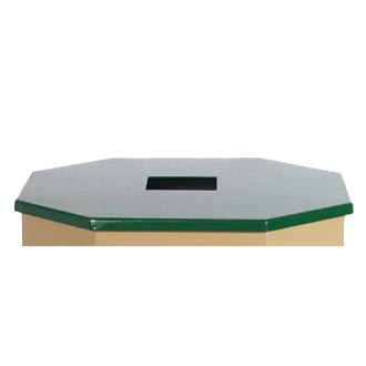 Green octagonal flat top trash receptacle lid with central rectangular opening, overhead view