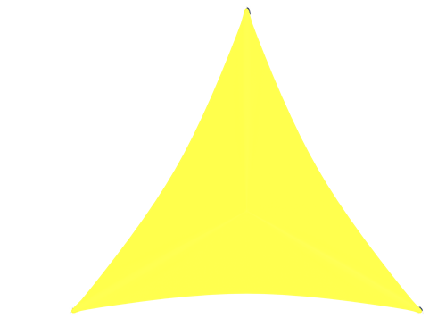 Yellow triangular shade sail with three corner attachments and gently curved edges