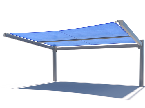 Slanted cantilever shade structure with two grey metal columns and angled blue fabric canopy for extended coverage