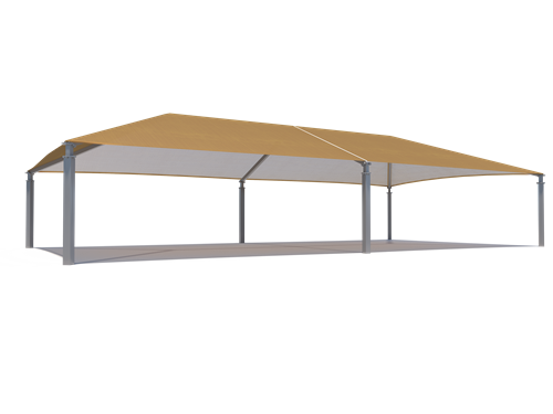 Rectangular hip roof shade structure with six metal posts and tan fabric blocking UV rays over playground area
