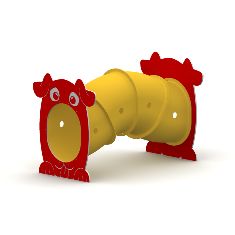 Up Down Fun Tube With Faces climbing tunnel with yellow curved tube and red dog face panels on each end for imaginative play