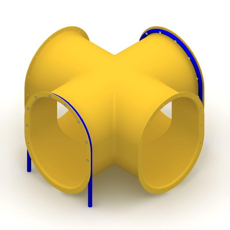 Yellow four-way climbing tunnel with blue support bars, featuring side cutouts and ventilation holes for interactive playground play.