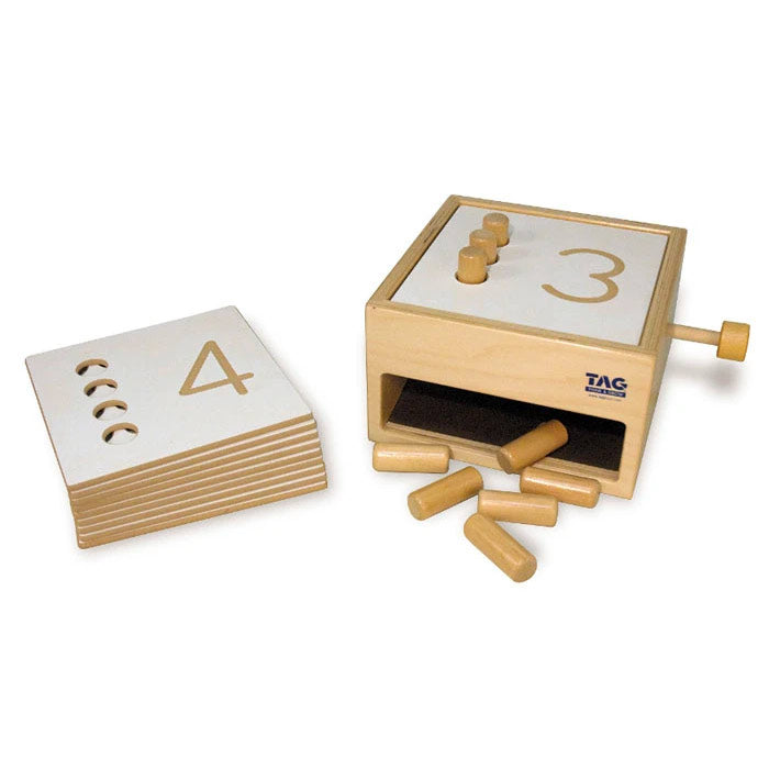 Tumble Down Counting Pegs wooden box with interchangeable number plates and colorful pegs for hands-on counting and number recognition learning