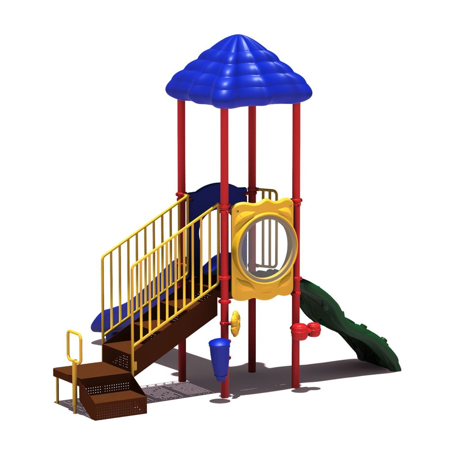 Compact playground structure with blue roof, yellow railings, blue and green slides, and red support poles