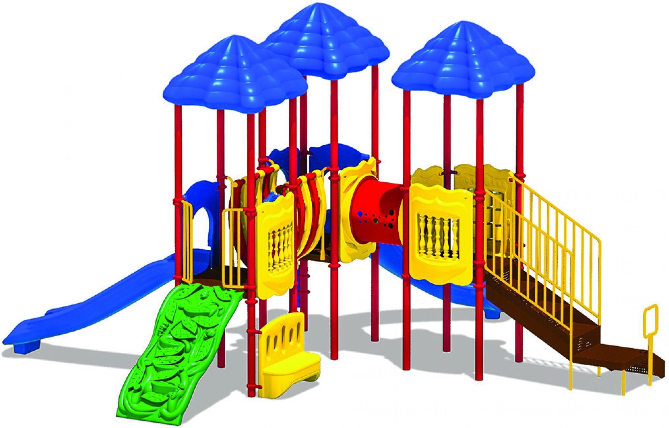 Colorful playground structure with three blue roofs, red posts, yellow panels, green climbing wall, slides, and a connecting tunnel