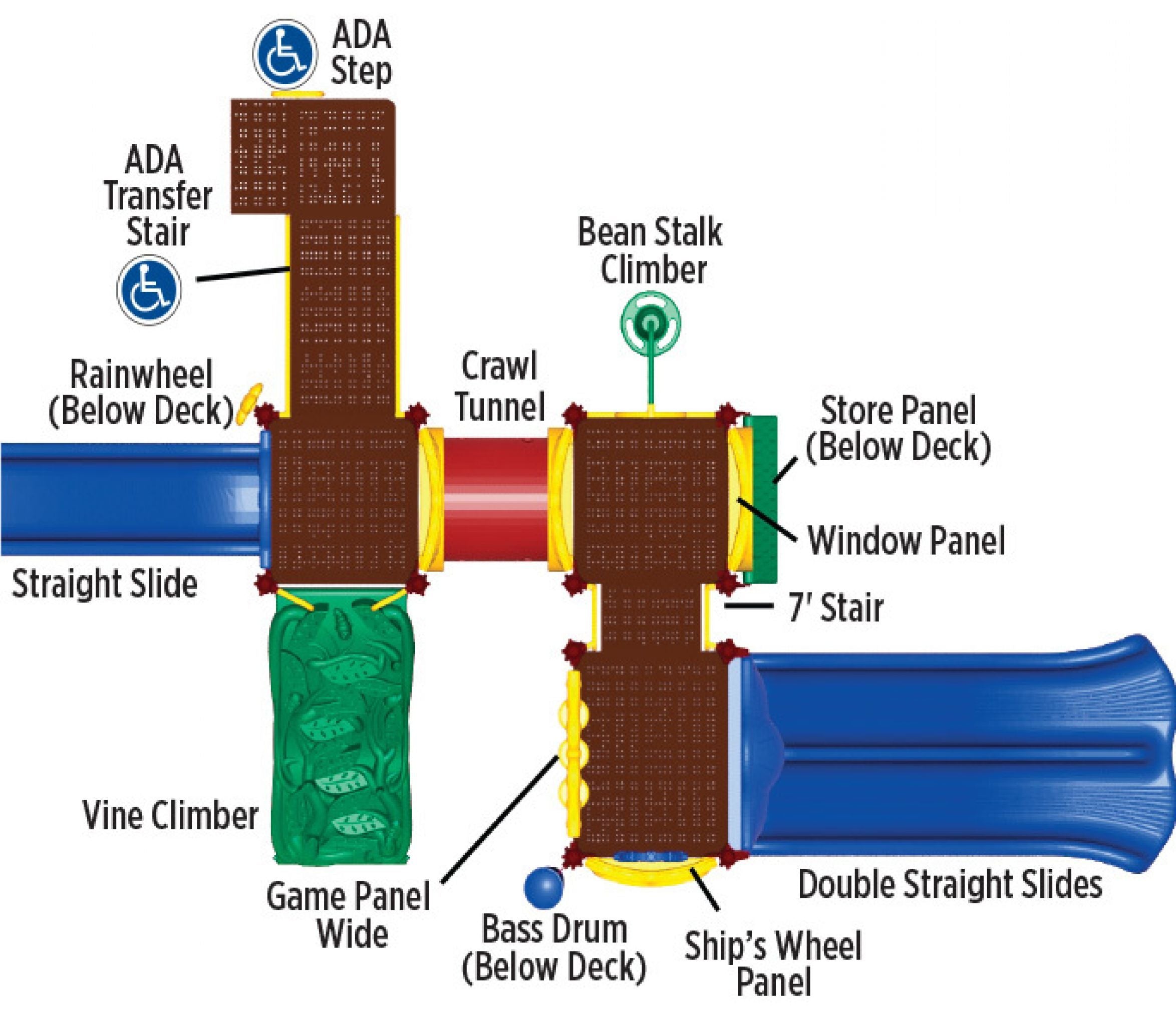 Overhead view of colorful playground with double slides, crawl tunnel, climbers, and interactive play panels