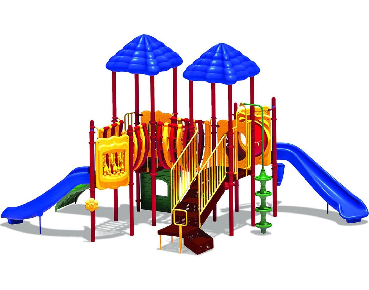 Colorful playground structure with two blue roofs, dual blue slides, climbing elements, and yellow railings.