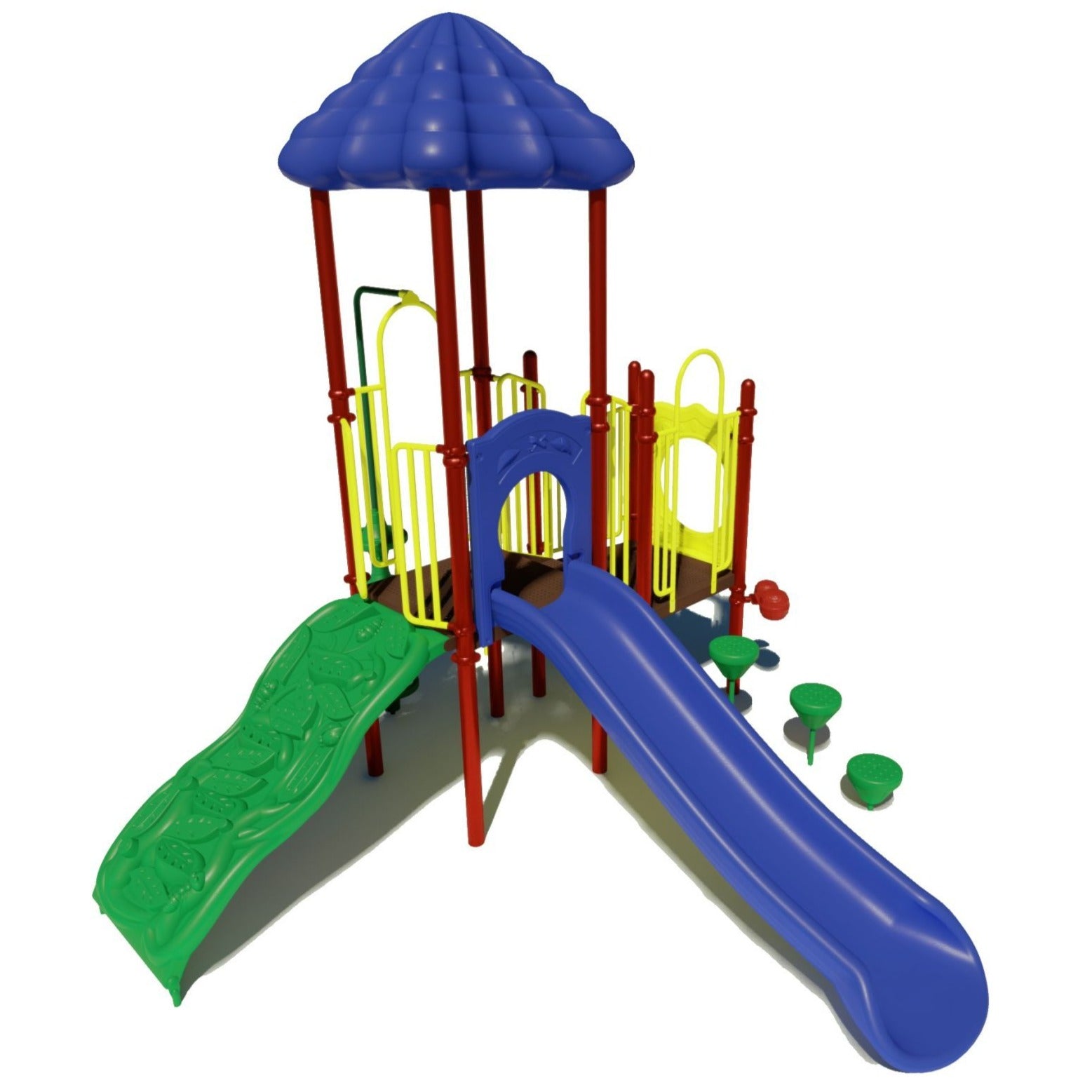Colorful playground structure with blue slide, green climbing wall, yellow railings, and blue roof