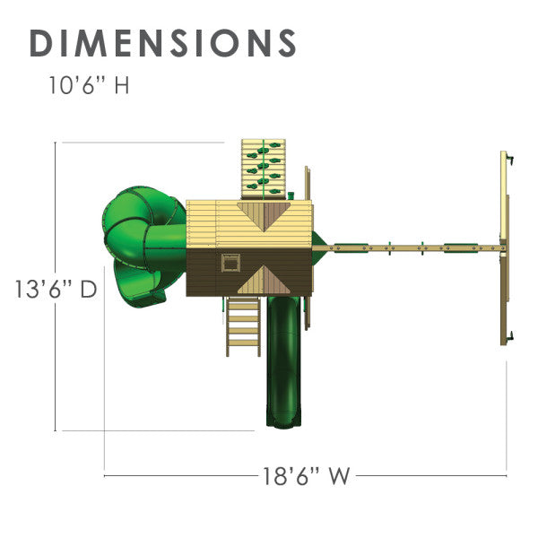Overhead view of wooden playset with two slides, rock climbing wall, swings, sandbox, and play decks with wood roofs