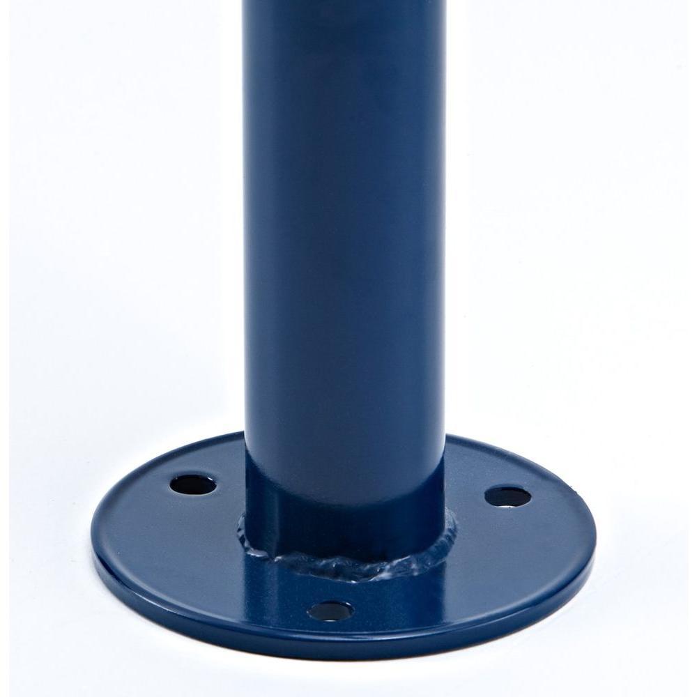 Dark blue steel bollard-style bike rack post with round base plate and mounting holes for secure bike locking.