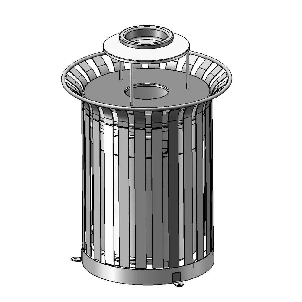 Vertical slat metal outdoor trash receptacle with circular ash urn lid and rain bonnet, industrial design