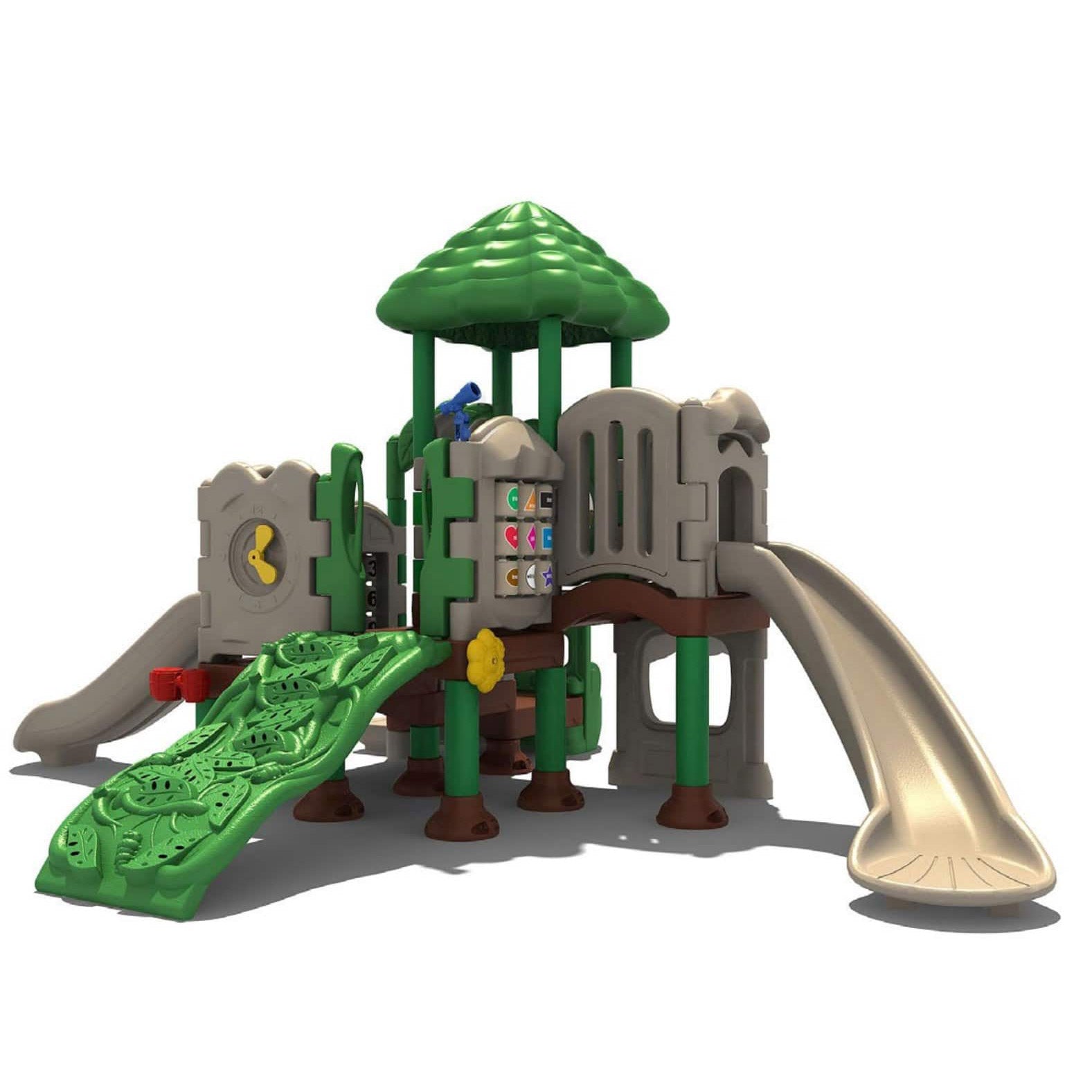 Outdoor children's play structure with green leaf-patterned climbing wall, beige slides, roof, and interactive learning panels