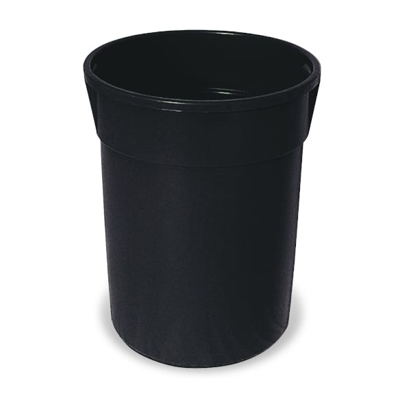 Black cylindrical plastic trash can liner with reinforced rim for easy bag replacement in outdoor receptacle.