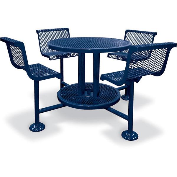 Blue metal bar-height round table with attached diamond-patterned mesh seats and footrest, sturdy outdoor dining furniture