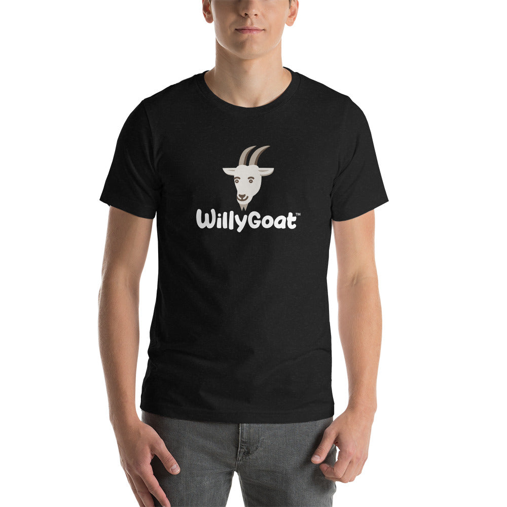 Black heather unisex t-shirt with centered cartoon goat head and playful text logo, worn by male model