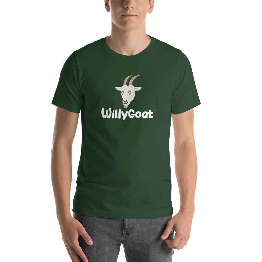 Forest green unisex cotton t-shirt with white goat head graphic and playful text on front, worn by male model
