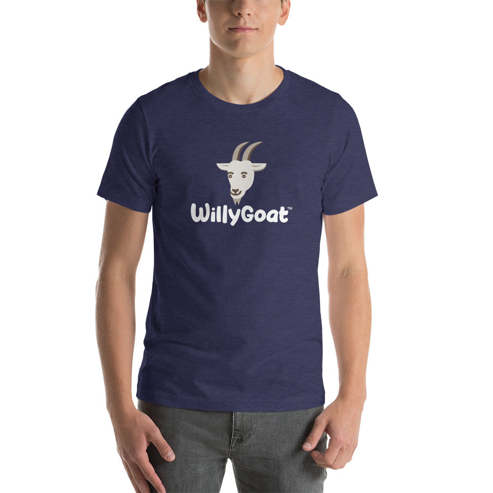 Navy blue unisex cotton t-shirt with white goat head graphic and playful text on front