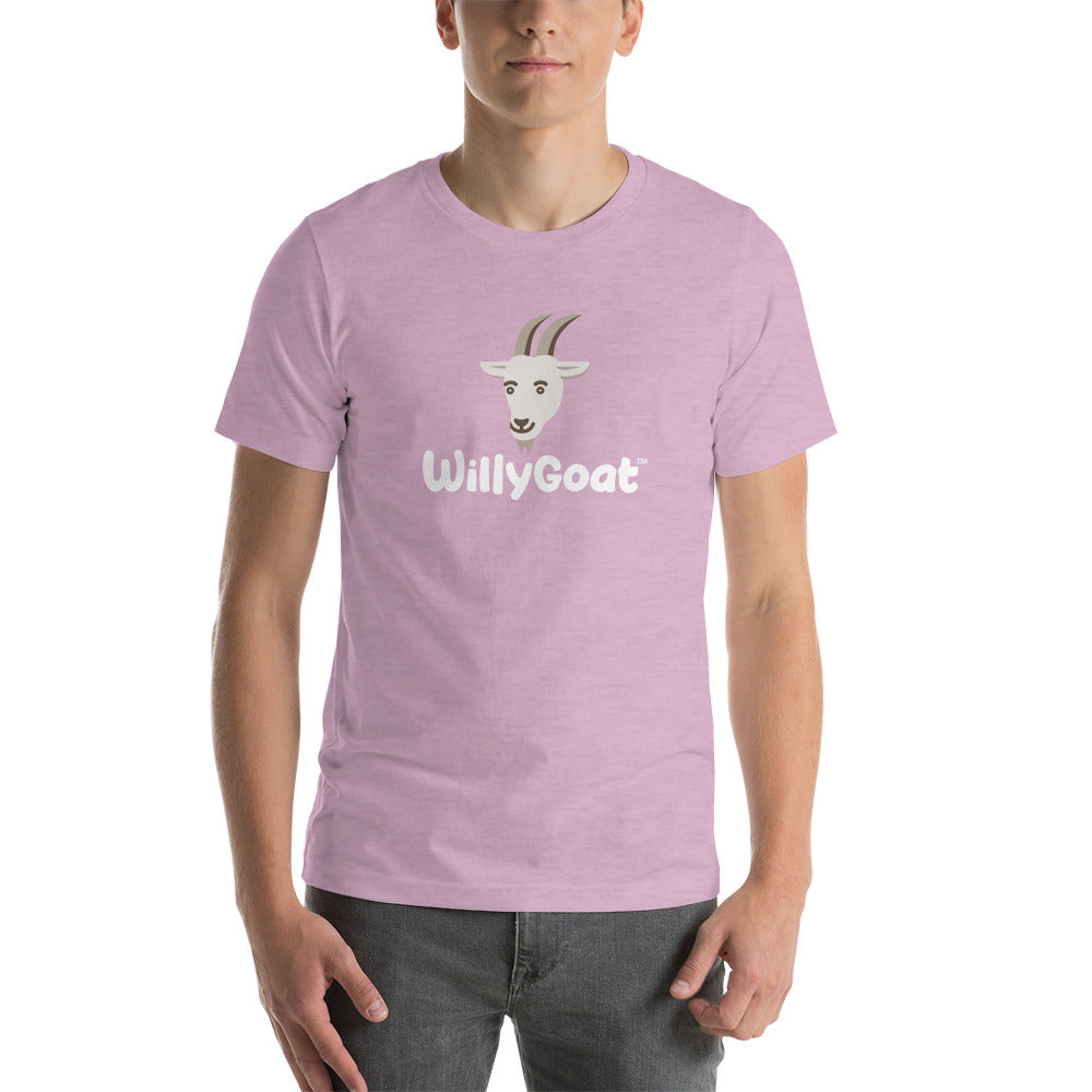 Heather lilac unisex cotton T-shirt with centered goat head graphic and casual fit on male model
