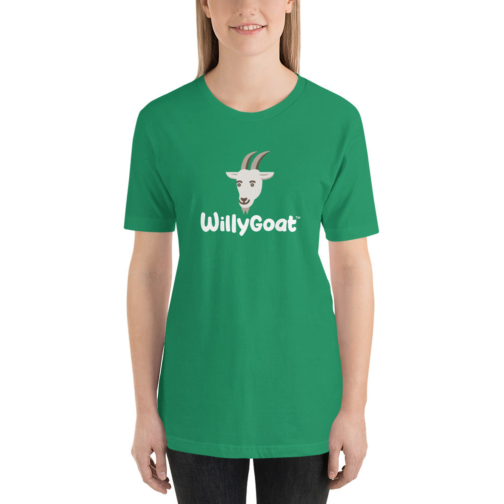 Green unisex cotton t-shirt with stylized goat head graphic and playful text logo on front