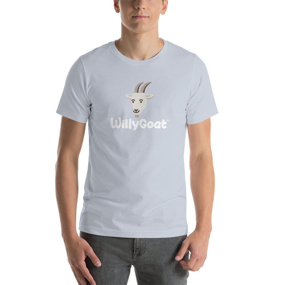 Light blue unisex cotton t-shirt with centered cartoon goat head graphic and casual fit on male model