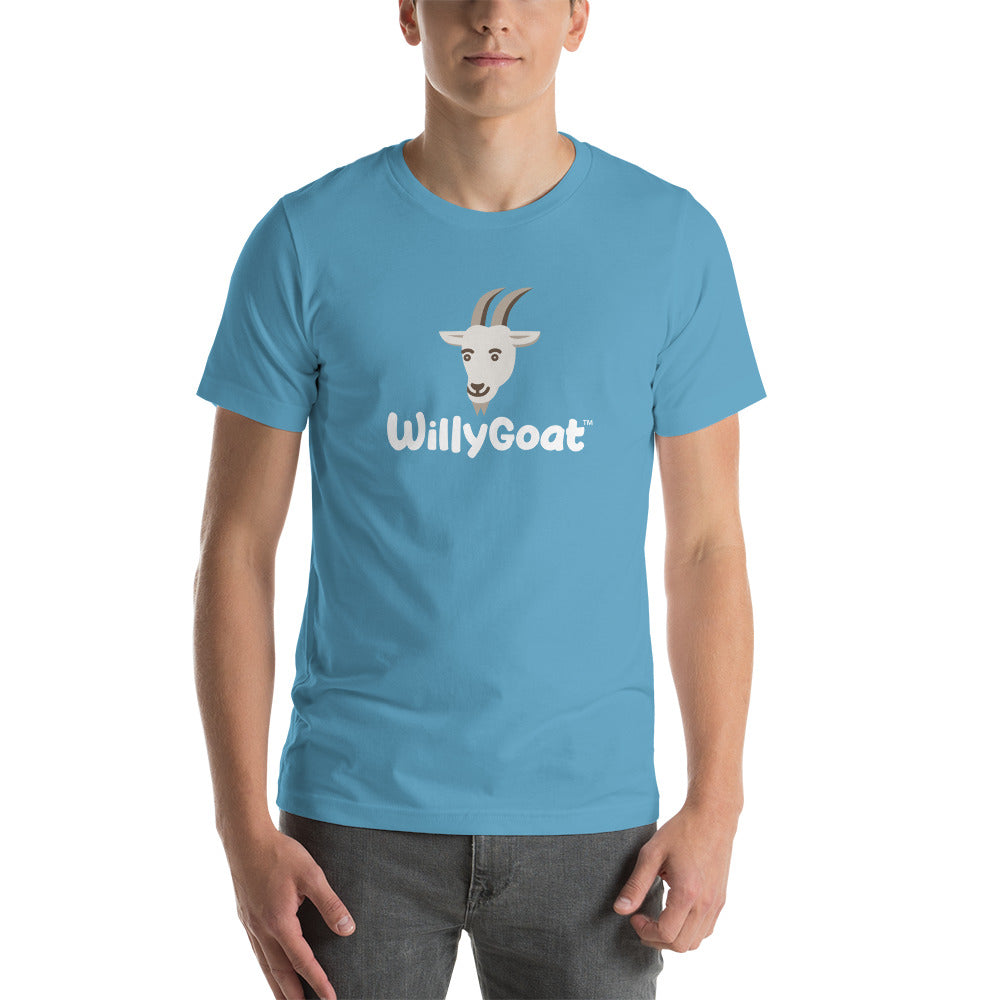 Ocean blue unisex cotton t-shirt with centered cartoon goat head graphic and playful text on front