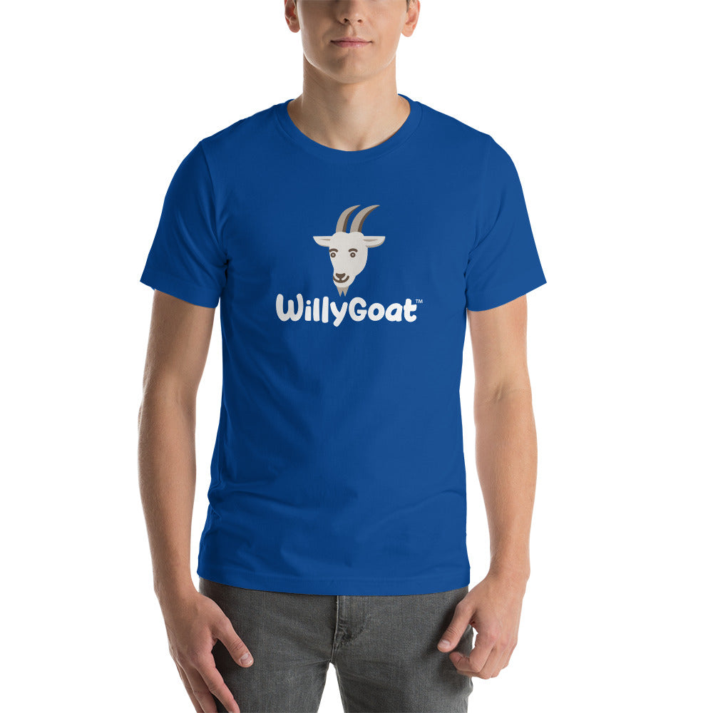 True royal blue cotton t-shirt with white goat head graphic and playful text on front, unisex staple style