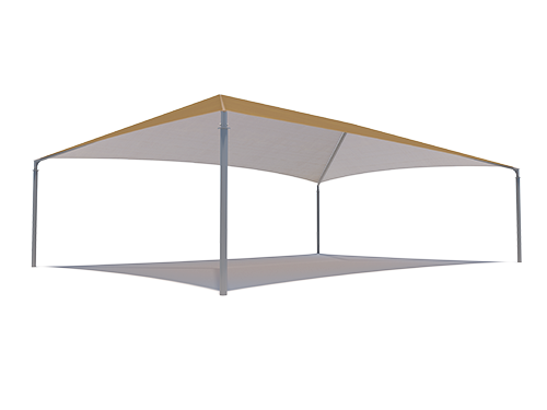Rectangle hip roof shade structure with four posts and tan fabric blocking UV rays, viewed from a low angle
