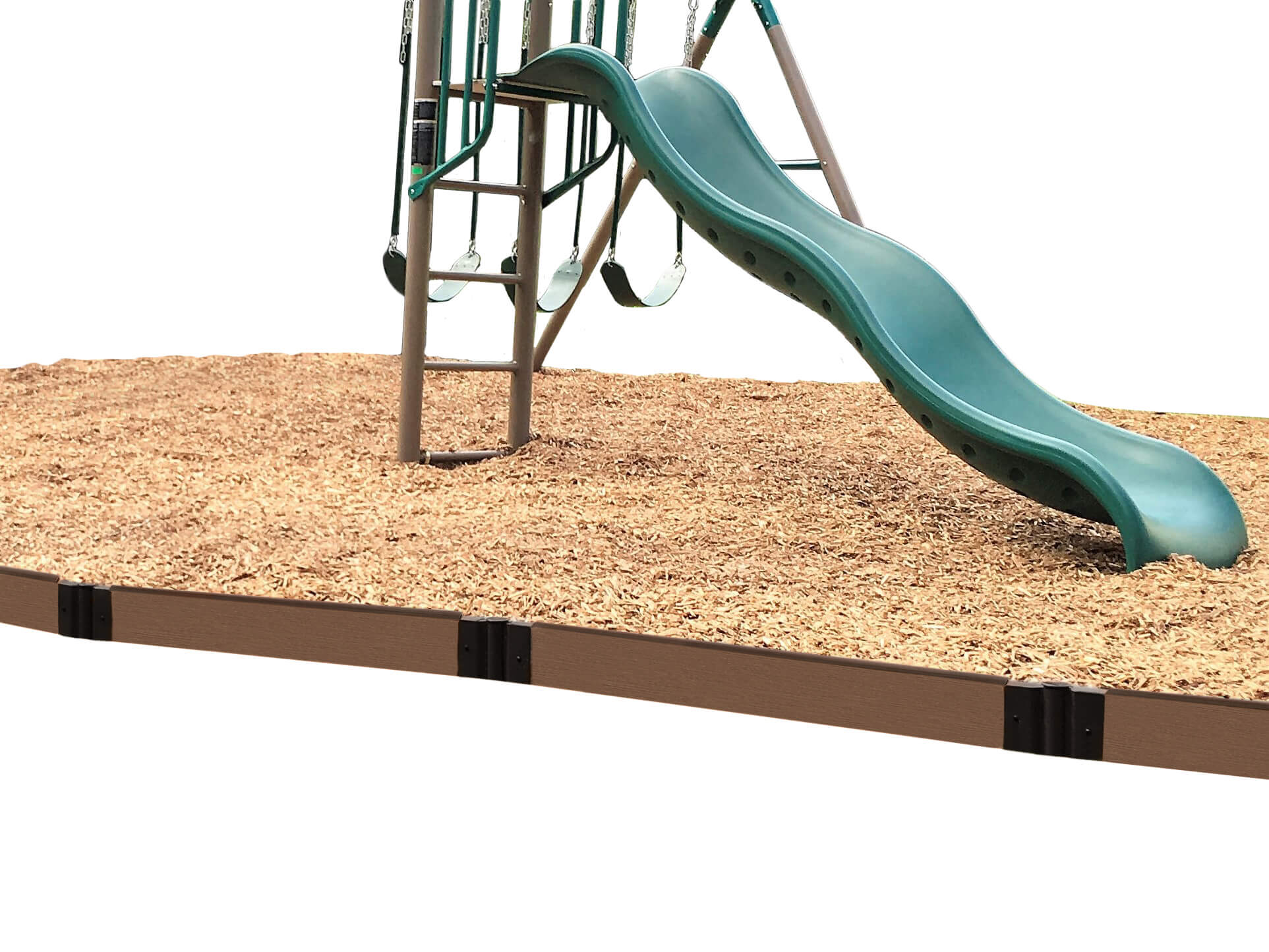 Playground with tool-free brown straight border containing wood chip safety surfacing under green slide and swings