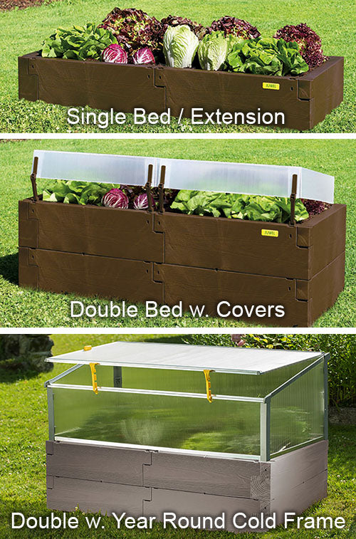 Brown poly timber raised garden beds with leafy vegetables in single, double with translucent covers, and double with polycarbonate cold frame configurations.