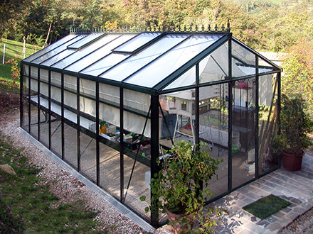 Classic black-framed glass greenhouse with multiple roof windows, decorative ridge cresting, and interior shelving outdoors